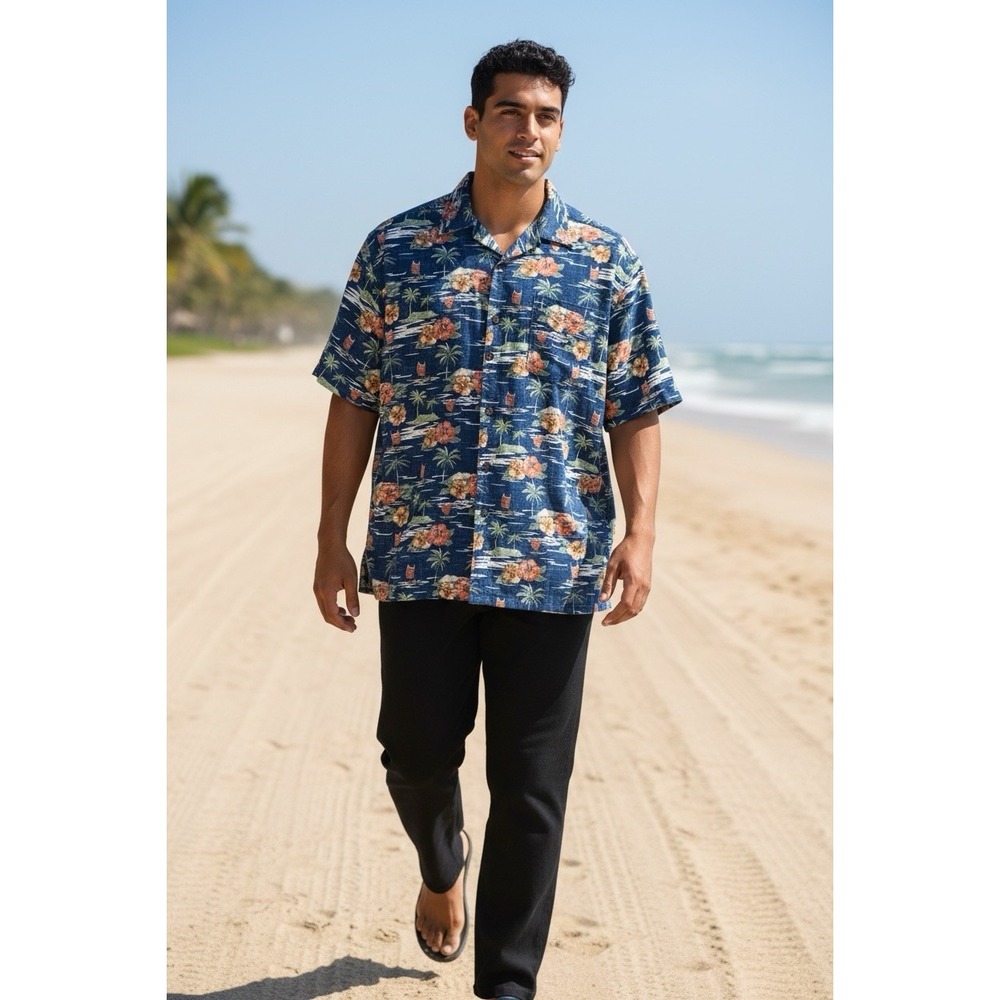 Red Head Hawaiian Button Down‎ Shirt Mens 2XL Blue Graphic Short Sleeve Pocket